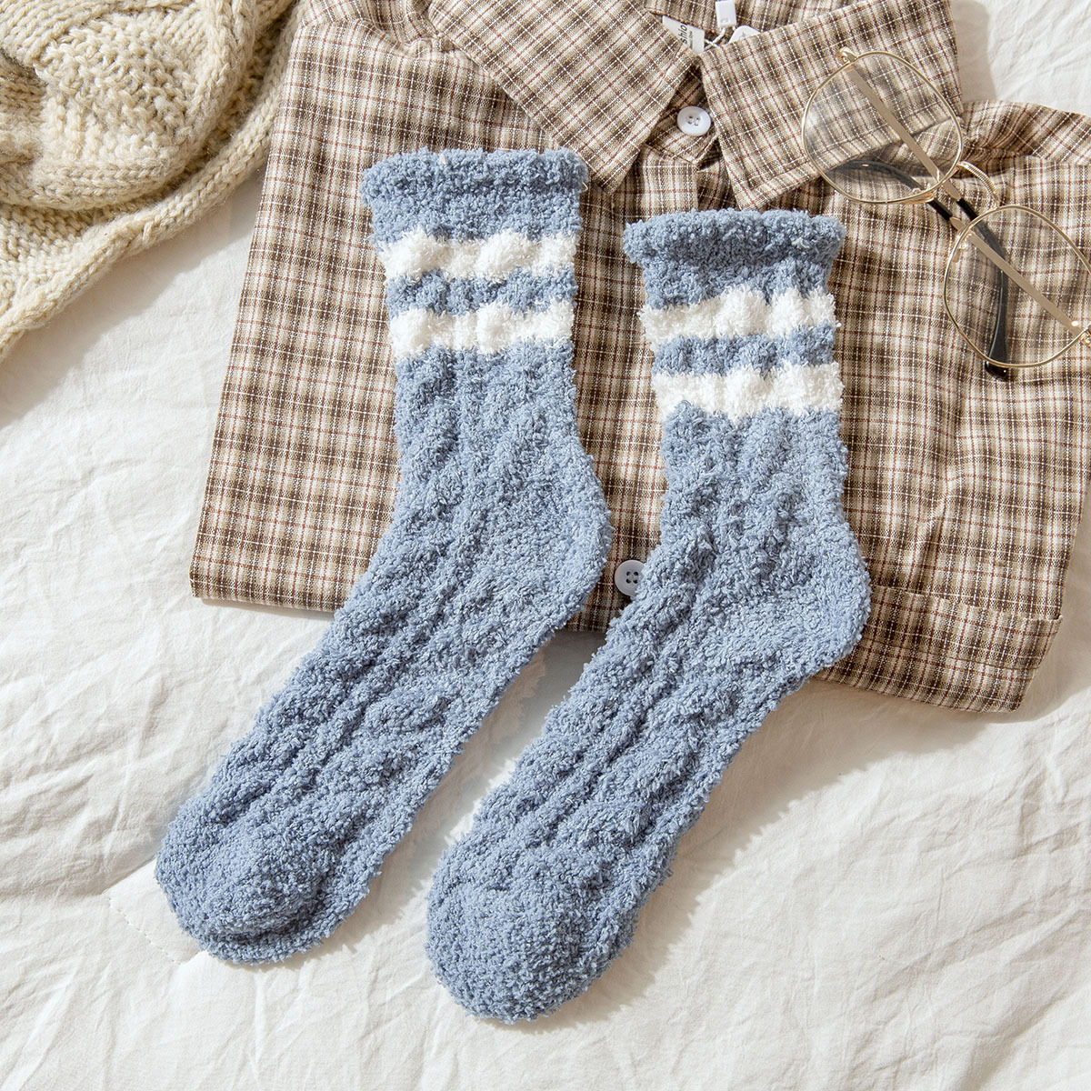 Striped Coral Velvet Thick Autumn Winter Crew Socks Floor Fresh Minimalist Style Home Sleeping Socks Female Socks Warm Socks Fluffy Fuzzy Socks